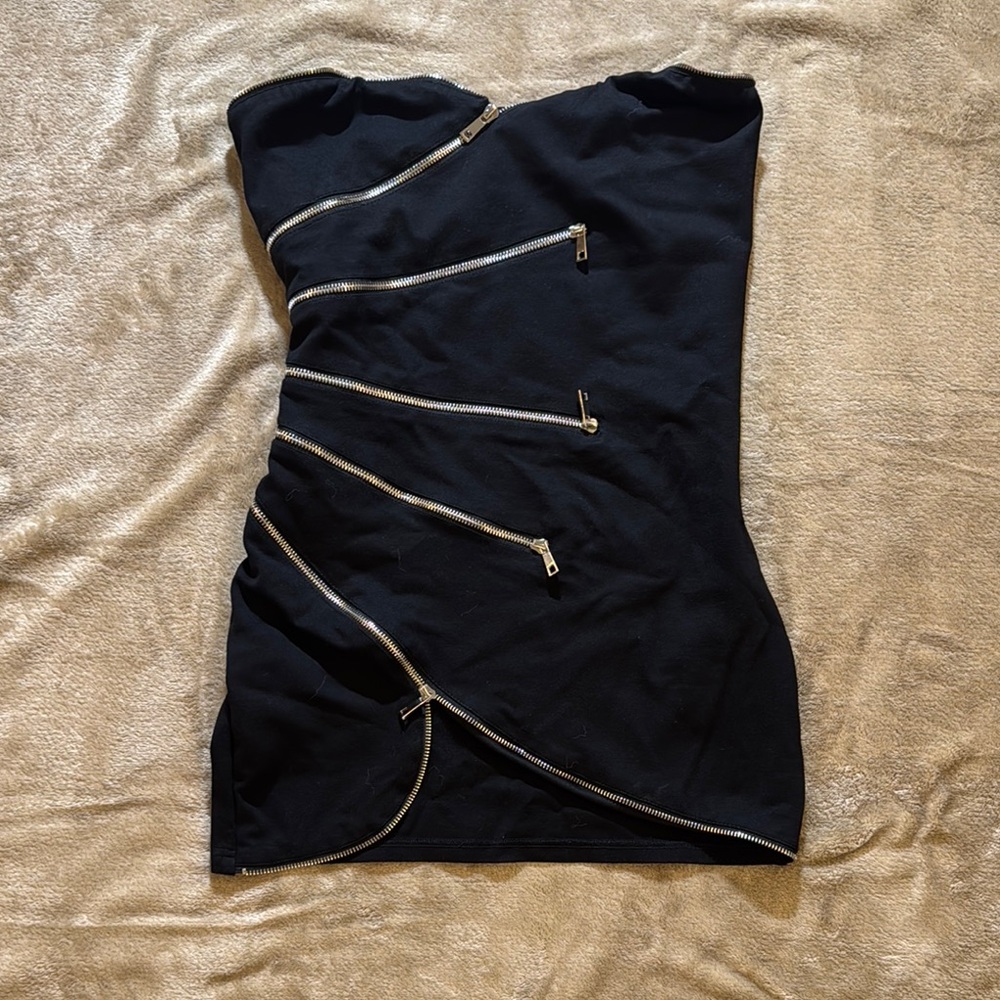 Fashion Nova Black Strapless Mini Dress with Silver Zippers